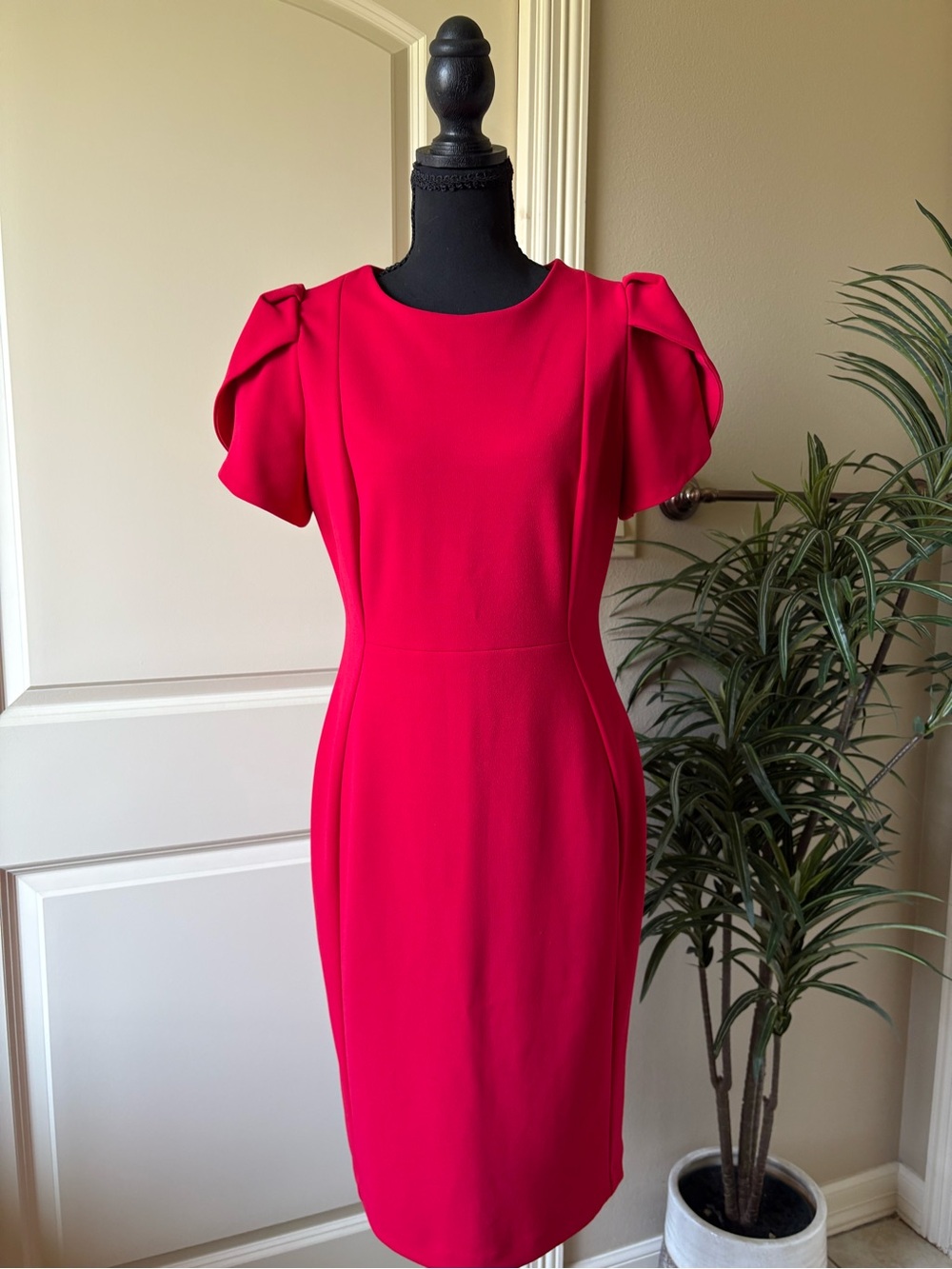 Calvin Klein Vibrant Red Puff-Sleeve Midi Dress